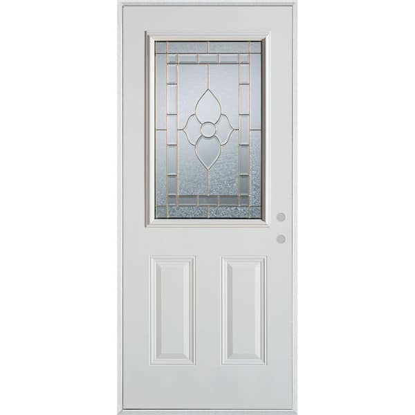 Stanley Doors 36 in. x 80 in. Traditional Patina 1/2 Lite 2-Panel Prefinished White Left-Hand Inswing Steel Prehung Front Door