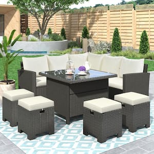 Outdoor Dark Gray 8-Piece Wicker Outdoor Patio Conversation Seating Set with Beige Cushions