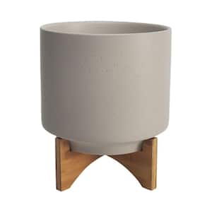 12 in. Large Light Beige Ceramic Terrazzo Design and Wooden Stand Planter