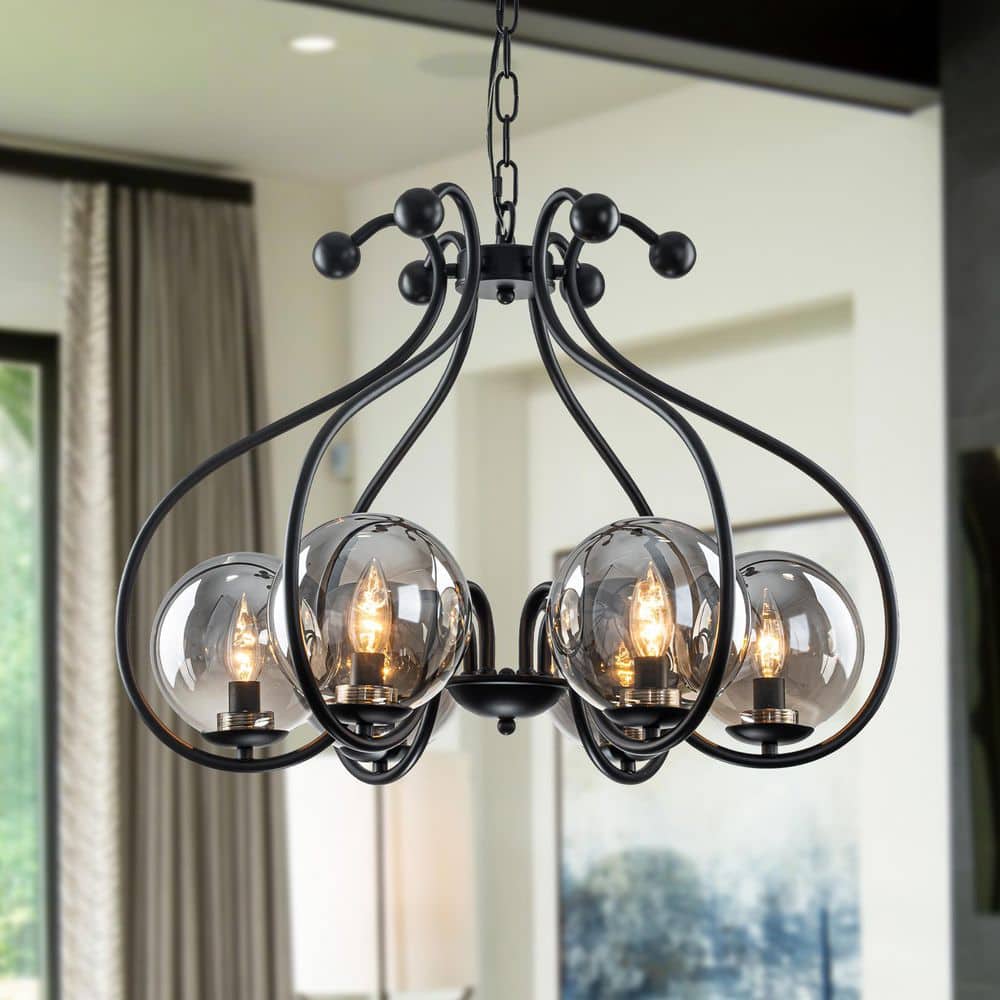 24.8 in. 6-Light Matte Black Iron Chandelier with Smoked Glass Globes price history on PriceWatchPro