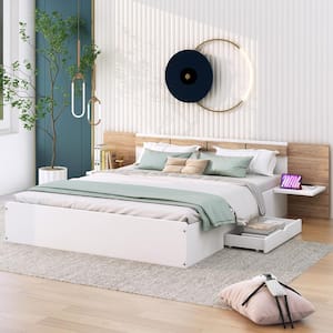 White Wood Frame Queen Size Platform Bed with Headboard, Drawers, Shelves, USB Ports and Sockets