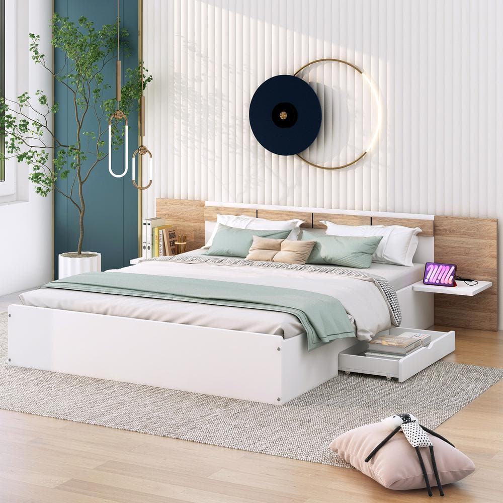 White Wood Frame Queen Size Platform Bed with Headboard, Drawers, Shelves, USB Ports and Sockets price history on PriceWatchPro