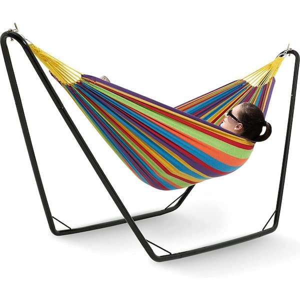 Unbranded 9 ft. Hammocks with Stand Included, Space Saving Steel V-Type for 2 Person, Standing Hammocks（ Tropical）