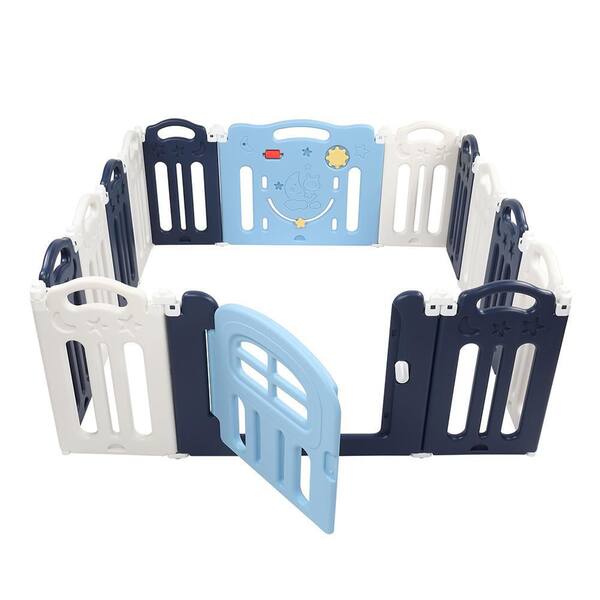 TIRAMISUBEST Blue 14-Panels Foldable Indoor and Outdoor Kids Activity Center Foldable Playpen Safety Fence