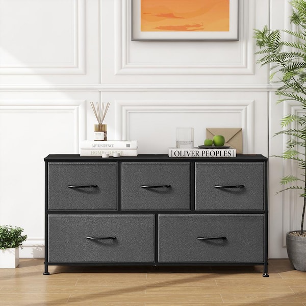 WONDER COMFORT Modern Gray 5 Drawer 11.8 in. Wide Chest of Drawers with Fabric Bin, Steel Frame, Wood Top for Bedroom, Entryway