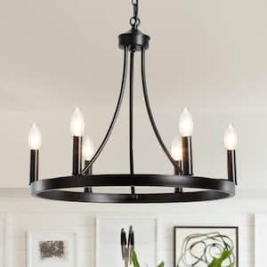 Romyn 6-Light Black Farmhouse Candle Style Wagon Wheel Chandelier for Living Room Kitchen Island Dining Room Foyer