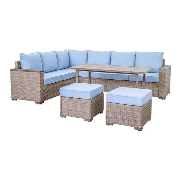 Verto Olefin Fabric 82.5 in. Square Arm 5-Piece Outdoor Sectional Sofa Set with Ottoman and Convertible Table in Blue
