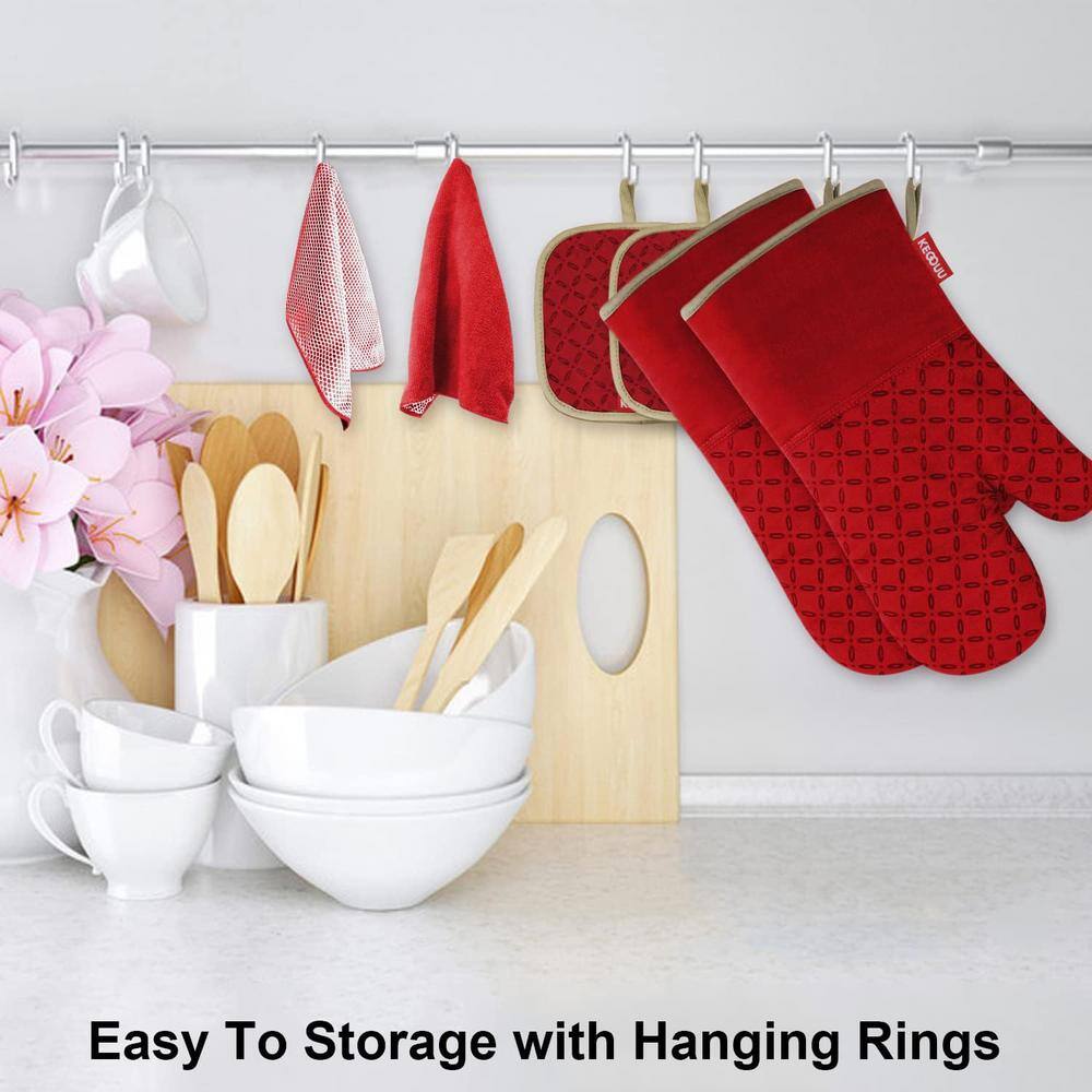 Red Heat-Resistant Silicone Oven Mitts and Pot Holders Set