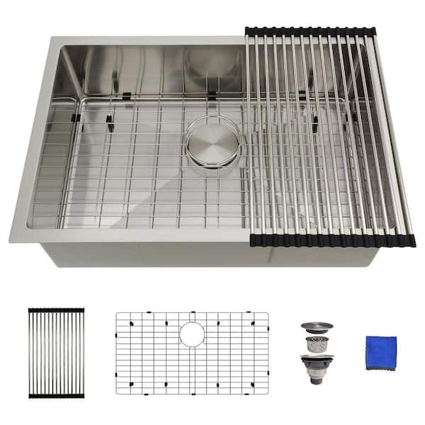 27 in. x 18 in. Undermount Kitchen Sink, 16 Gauge Stainless Steel Single Bowl Sink with Accessories and Drain Kit