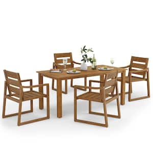 5-Piece Brown Recycled Plastic HDPS Outdoor Dining Set All Weather Indoor Outdoor Patio Table and Chairs with Armrest