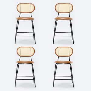 24 in. Whiskey Brown Metal Frame Rattan Counter Height Bar Stools With Faux Leather Seat (set of 4)