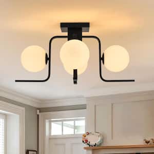 25.6 in. 4-Light Matte Black Industrial Semi-Flush Mount Ceiling Light with White Globe Glass