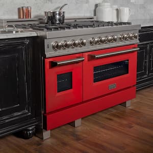 48 in. 7 Burner Double Oven Dual Fuel Range with Red Matte Door in Fingerprint Resistant Stainless Steel