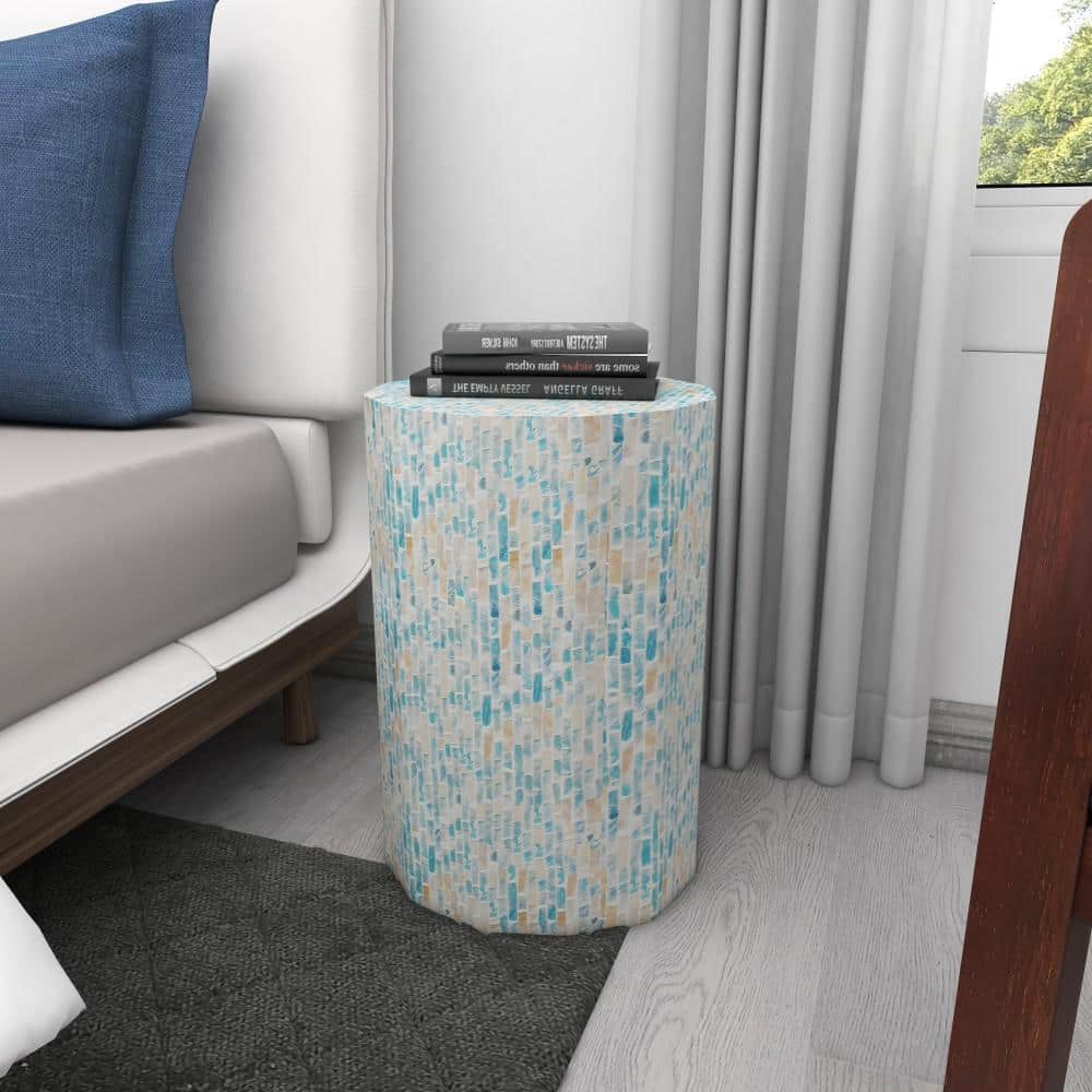 Elegant Blue Mother of Pearl 13" Round Wood Accent Table