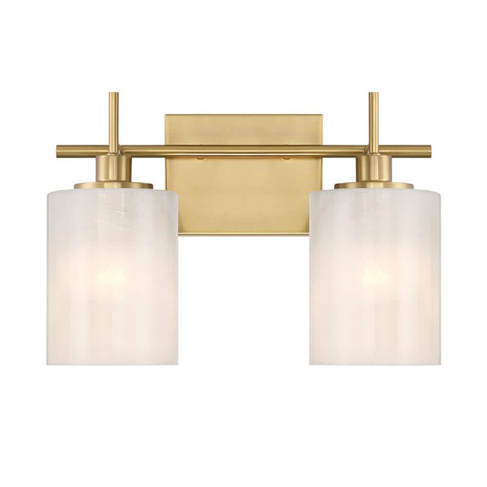 Meridian 14 in. W x 9.75 in. H 2-Light Natural Brass Modern Bathroom Vanity Light with White Strie Glass Shades price history on PriceWatchPro