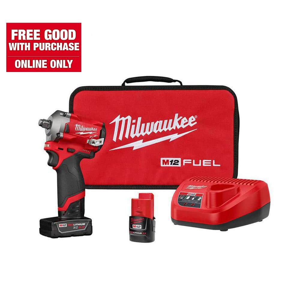 Milwaukee M12 FUEL 12V Lithium-Ion Brushless Cordless Stubby 1/2 in. Impact  Wrench Kit with One 4.0 and One 2.0Ah Batteries 2555-22 - The Home Depot