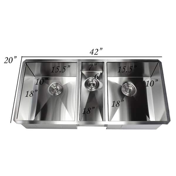 Undermount Stainless Steel 42 in. x 20 in. x 10 in. 16-Gauge Triple Bowl Kitchen Sink