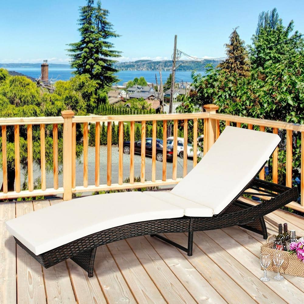Adjustable White Cushioned Rattan Folding Chaise Lounge Chair