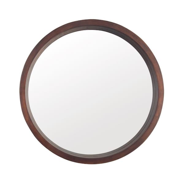 Unbranded 30 in. W x 30 in. H Small Round Wood Framed Wall Bathroom Vanity Mirror in Walnut Brown