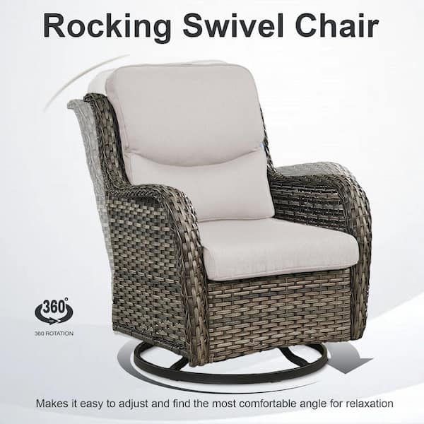 5-Piece Gray Wicker Outdoor Square Fire Pit Conversation Set with Beige Cushions and Swivel Rocker Patio Chairs