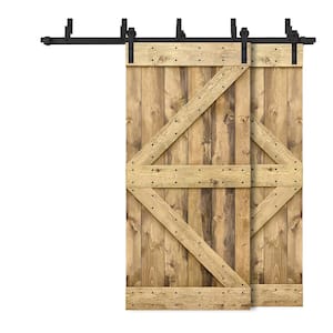 72 in. x 84 in. K Series Bypass Weather Oak Stained Solid Pine Wood Interior Double Sliding Barn Door with Hardware Kit