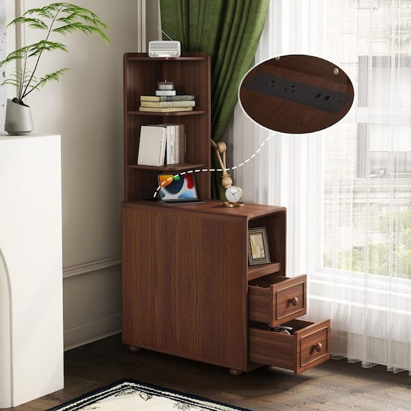 23.6 in. Walnut Rectangle Wood End Table w/2 Drawer and Open Bookshelves, Narrow Sofa Table Corner Side Table Nightstand