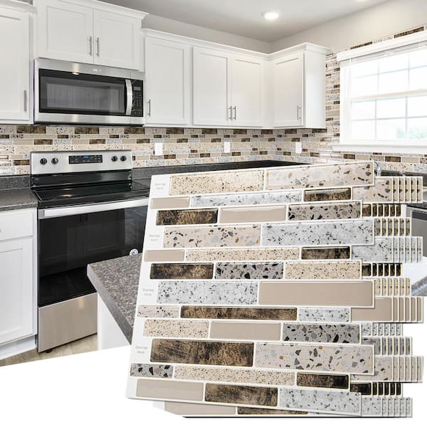 Decorative Mosaic Backsplash Tan 12 in. x 12 in. Vinyl Peel and Stick Tile (10 sq. ft./case)