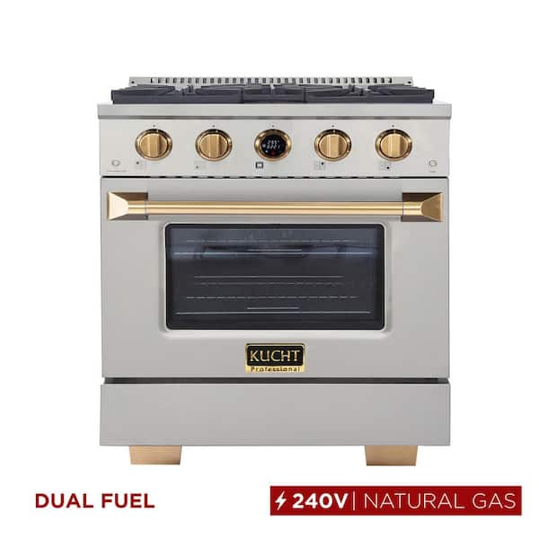 30 in. 4.2 cu.ft. 4-Burners Dual Fuel Range Natural Gas in Stainless Steel with Gold Accents and Digital Dial Thermostat