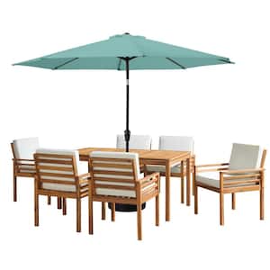 8-Piece Set, Okemo Wood Outdoor Dining Table Set with 6 Cushioned Chairs, 10 ft. Auto Tilt Umbrella Dusty Green