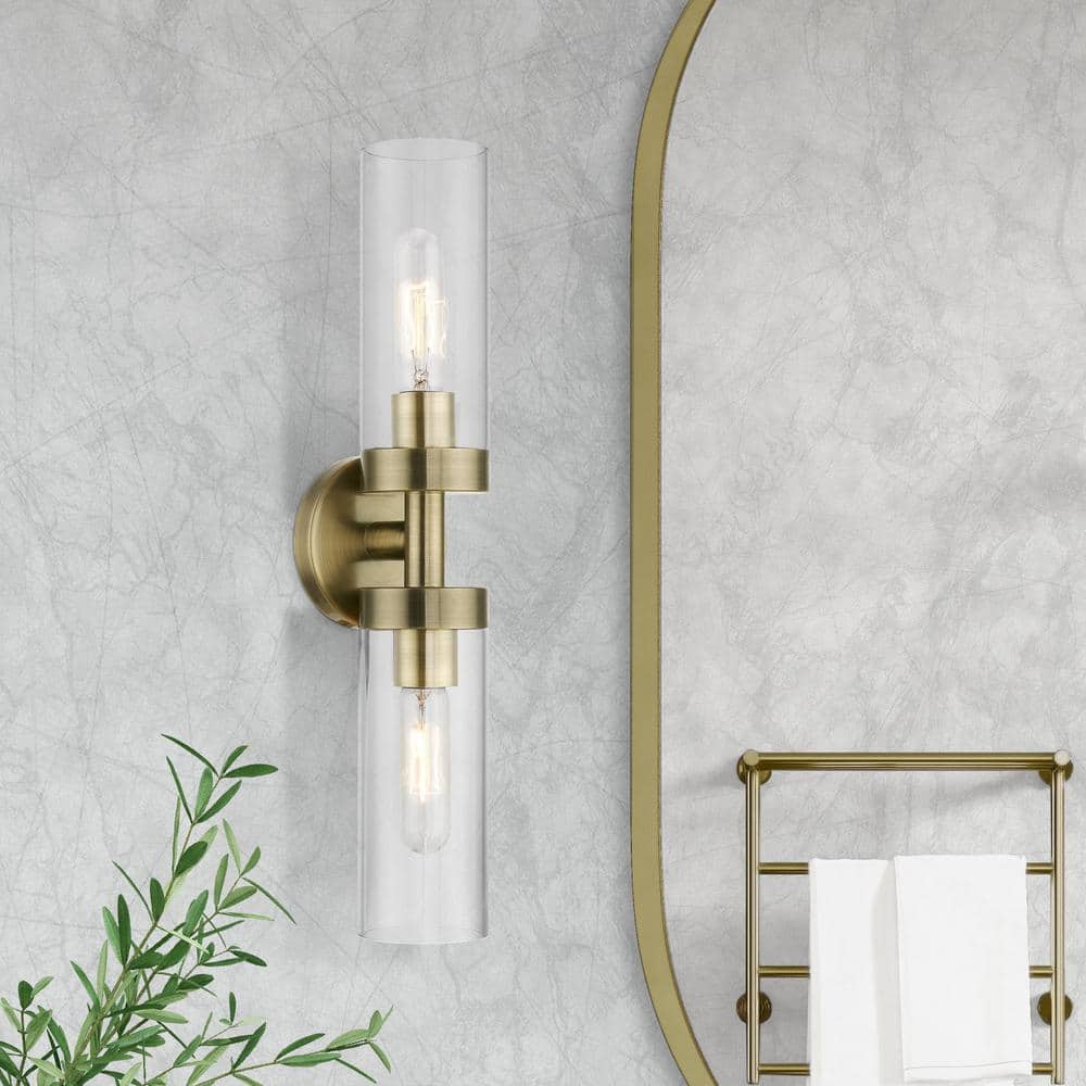 Antique Brass 2-Light Vanity Sconce with Clear Glass Shades