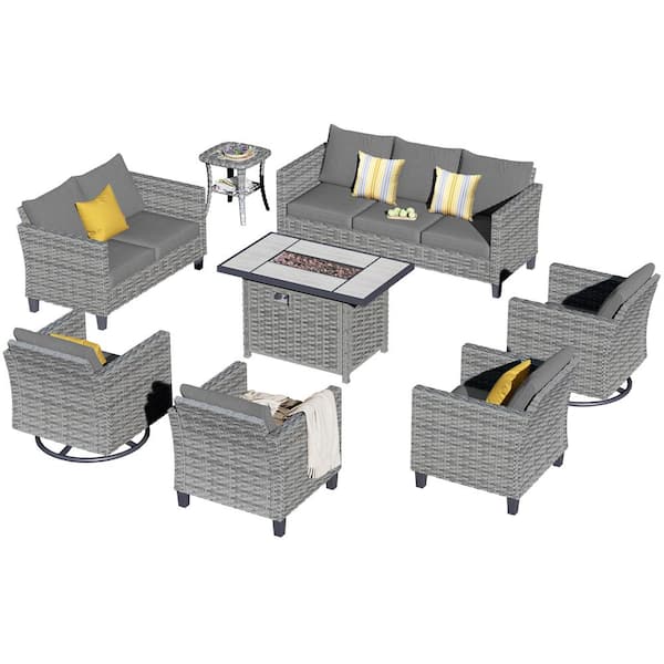 New Star Gray 8-Piece Wicker Patio Rectangle Fire Pit Conversation Seating Set with Dark Gray Cushions and Swivel Chairs