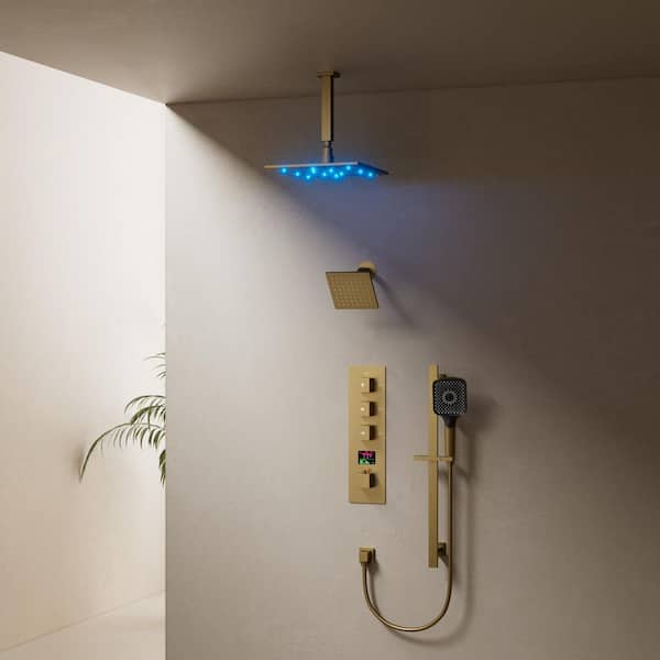 LED 4-Handle Rain 2-Spray Square 12 in. Dual Shower Head Ceiling Mount Fixed Handheld Showerhead in Brush Gold 2. 5GPM