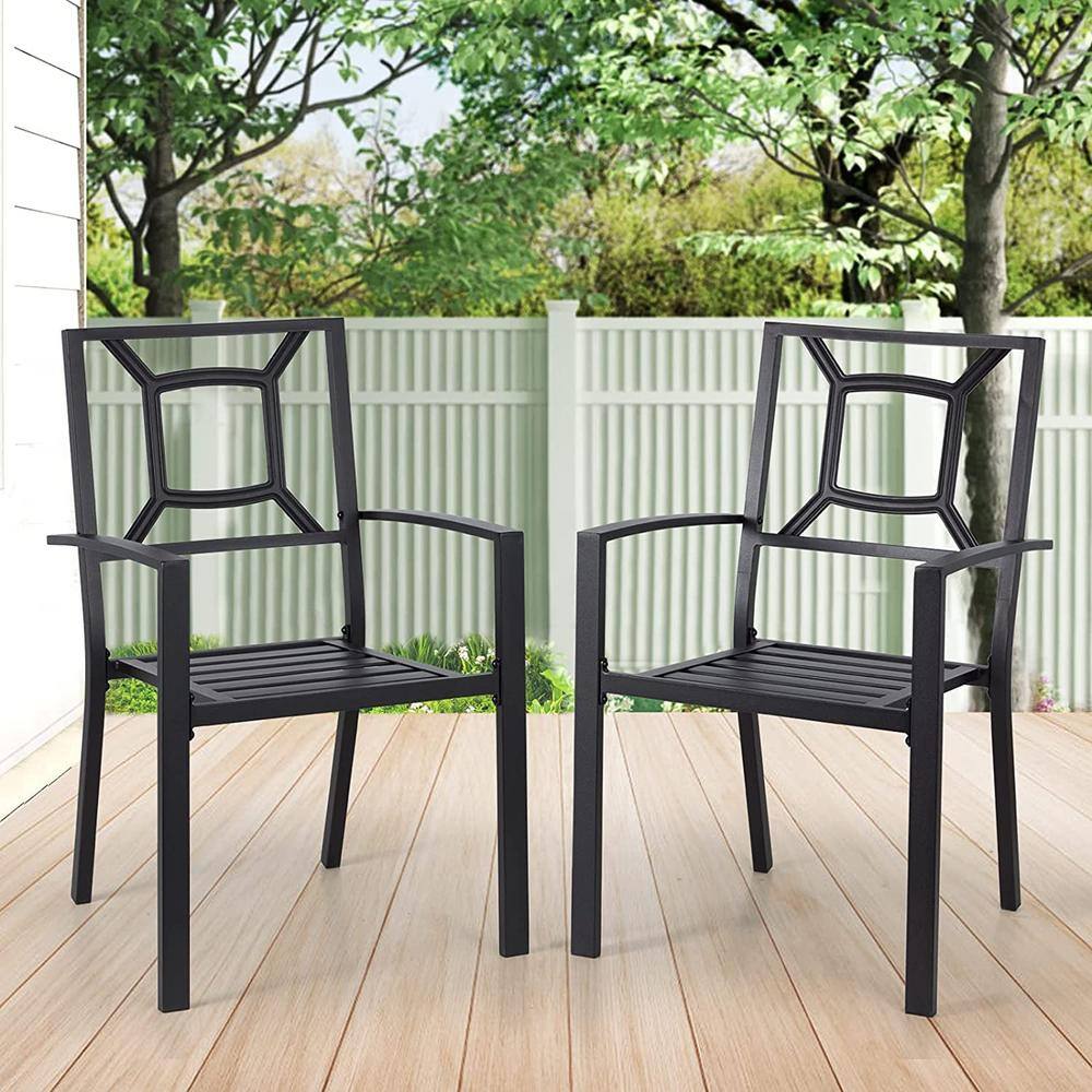 Black Steel Stackable Outdoor Dining Armchairs, Set of 6