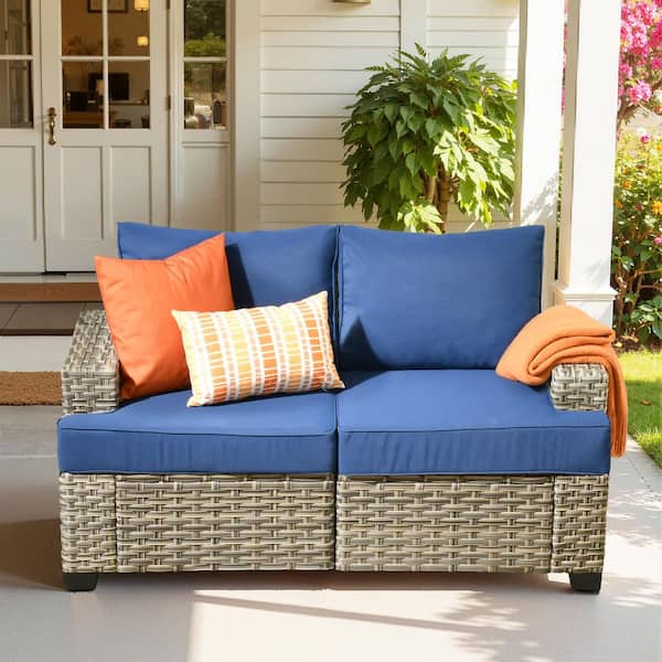 Terra Wicker Outdoor Couch Patio Sofa with Navy Blue Cushions