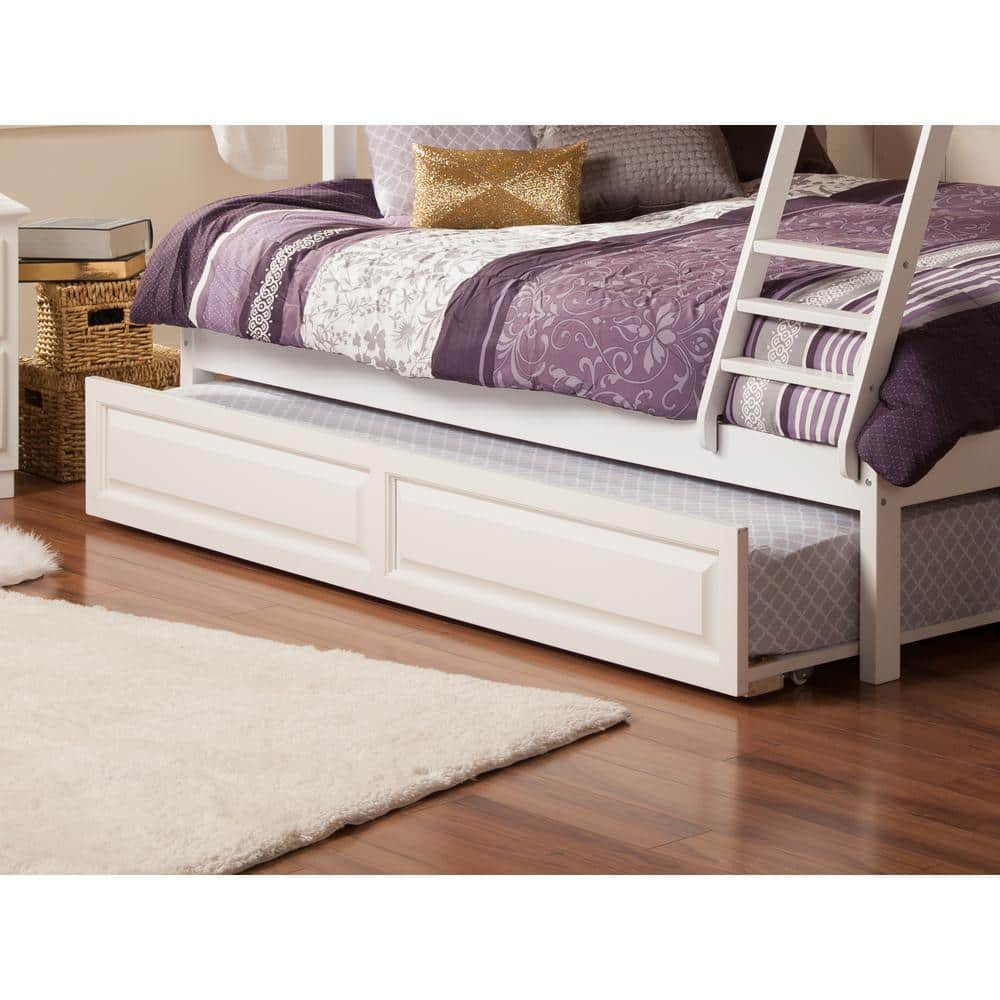 White Twin Wood Trundle Bed with Storage Drawer