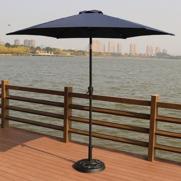 Coporesell 8.9 ft. Navy Blue Outdoor Market Patio Umbrella with 33 lbs. Round Resin Umbrella Base, Push Button Tilt.