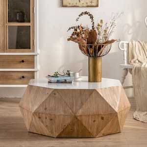 American Retro Style 38 in. natural Hexagonal wood Coffee Table with White Tabletop and 3-Dimensional Embossed Pattern