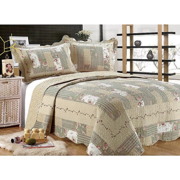 J&V TEXTILES 3-Piece Green Cotton Blend Reversible King Quilt Set