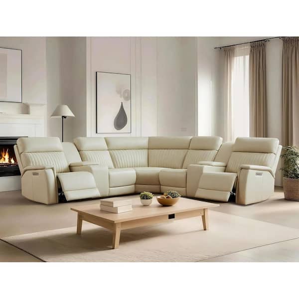 Ellesophas Cole 117 in. Genuine Leather Power Recliner Sectional Sofa with Zero Gravity, USB&USB-C Ports, 2 Consoles in. Cream