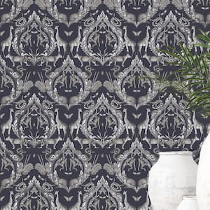 Bazaar Collection Navy / White Animal Menagerie Damask Non-Woven Non-Pasted Wallpaper Roll (Covers 57 sq.ft.)