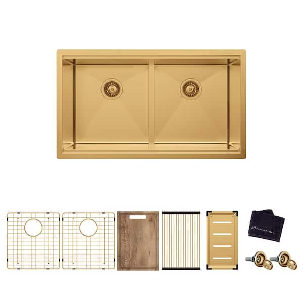 33 in. Undermount Double Bowl 18-Gauge Gold Stainless Steel Workstation Kitchen Sink with Accessories