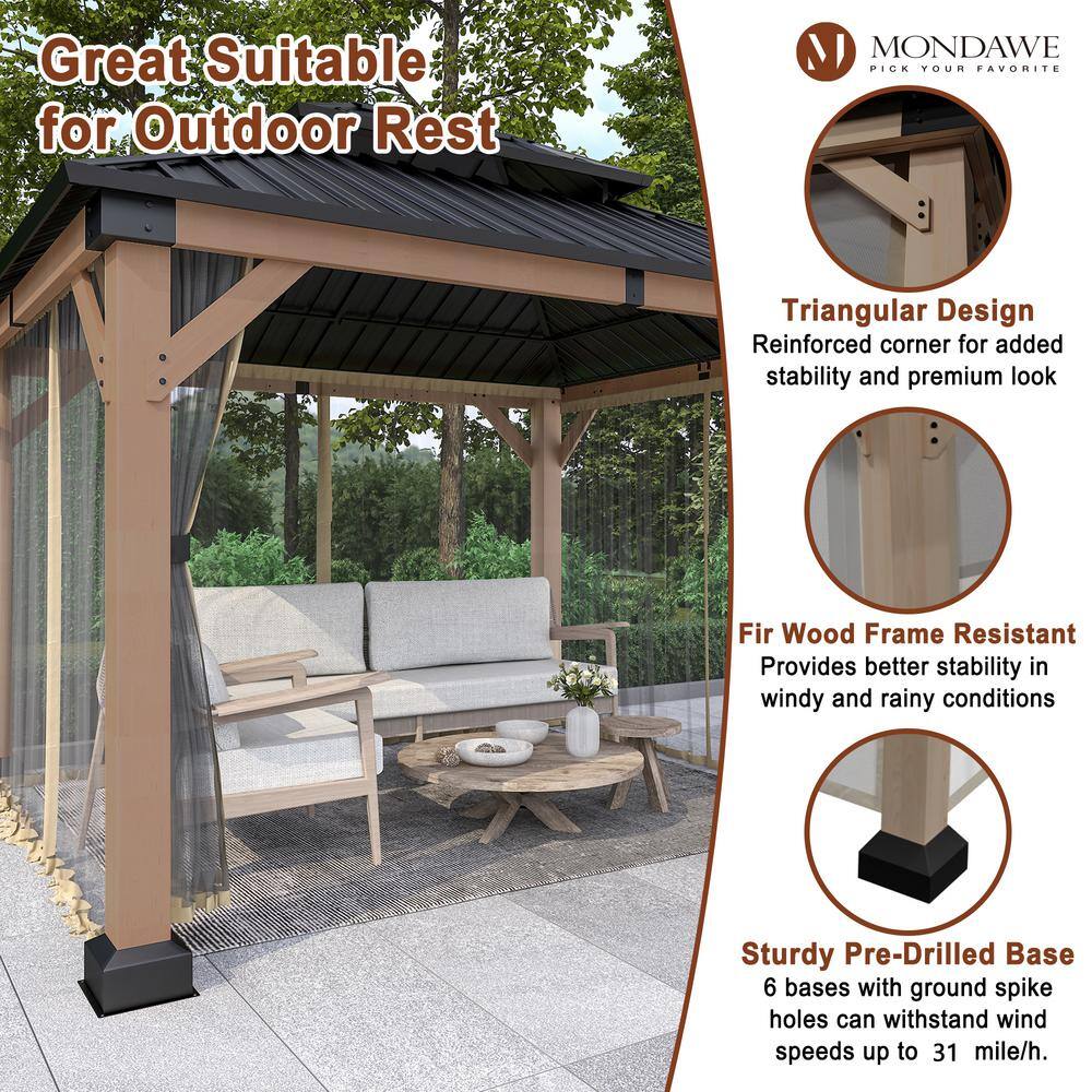 Mondawe 10'x12' Permanent Hardtop Gazebo Canopy Cedar Wood Framed Pavilion with Galvanized Steel Double Roof for Patio Lawn and Garden, Netting Included