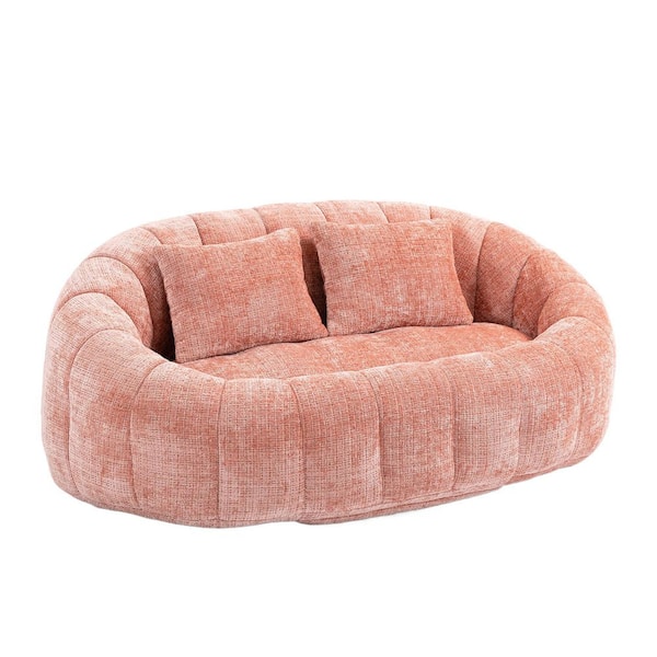 59 in. Pink Chenille 2-Seater Loveseat Comfort Lounger High Back Bean Bag Chair Lazy Sofa Couch with Pillows