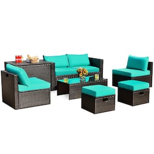 8-Piece Patio Rattan Furniture Set Space-Saving Storage Cushion Turquoise Cover