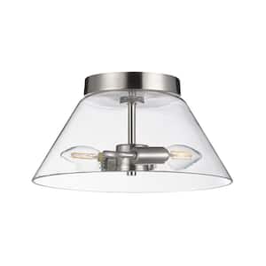12 in. 2-Light Satin Nickel Contemporary Flush Mount with Clear Glass Shade and No Bulbs Included