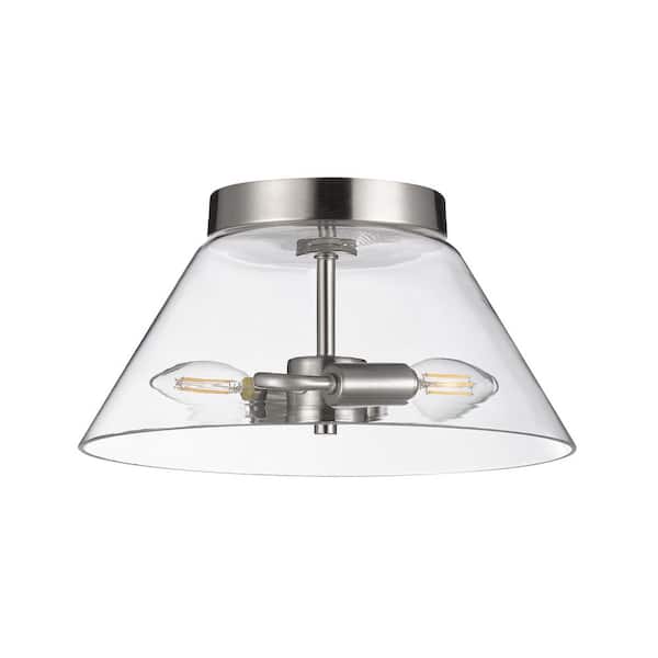 Globe Electric 12 in. 2-Light Satin Nickel Contemporary Flush Mount with Clear Glass Shade and No Bulbs Included