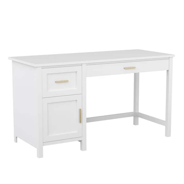 MARTHA STEWART 54 in. Rectangle White/Polished Brass Engineered Wood 2-Drawers Computer Desk