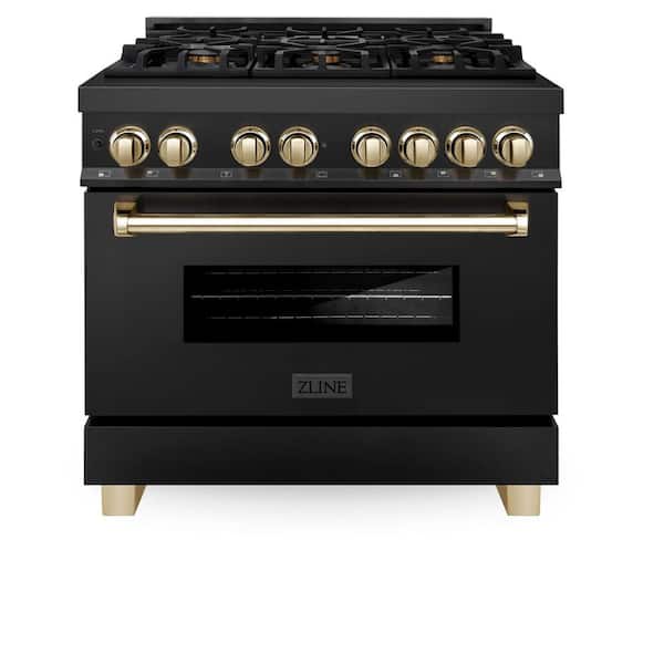 Autograph Edition 36 in. 6 Burner Dual Fuel Range in Black Stainless Steel and Polished Gold