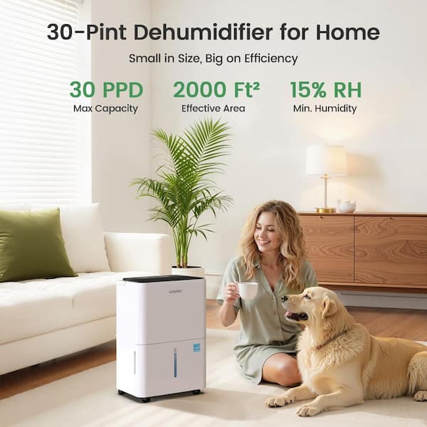 30 pt. 2,000 sq. ft. Energy Star Dehumidifier in White with Bucket, Drain Hose, Auto Defrost for Home, Basement