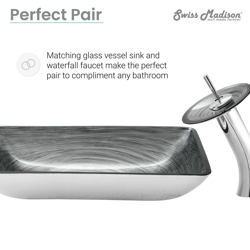 Smoky Gray Rectangular Glass Vessel Sink with Waterfall Faucet